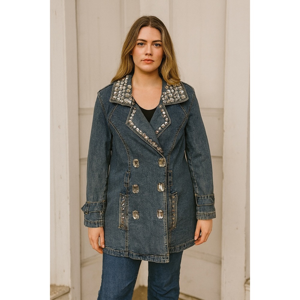 Berek 2 Vintage Denim Jacket Coat Bedazzled Faux Jewels‎ Mid Length L Bling Y2K